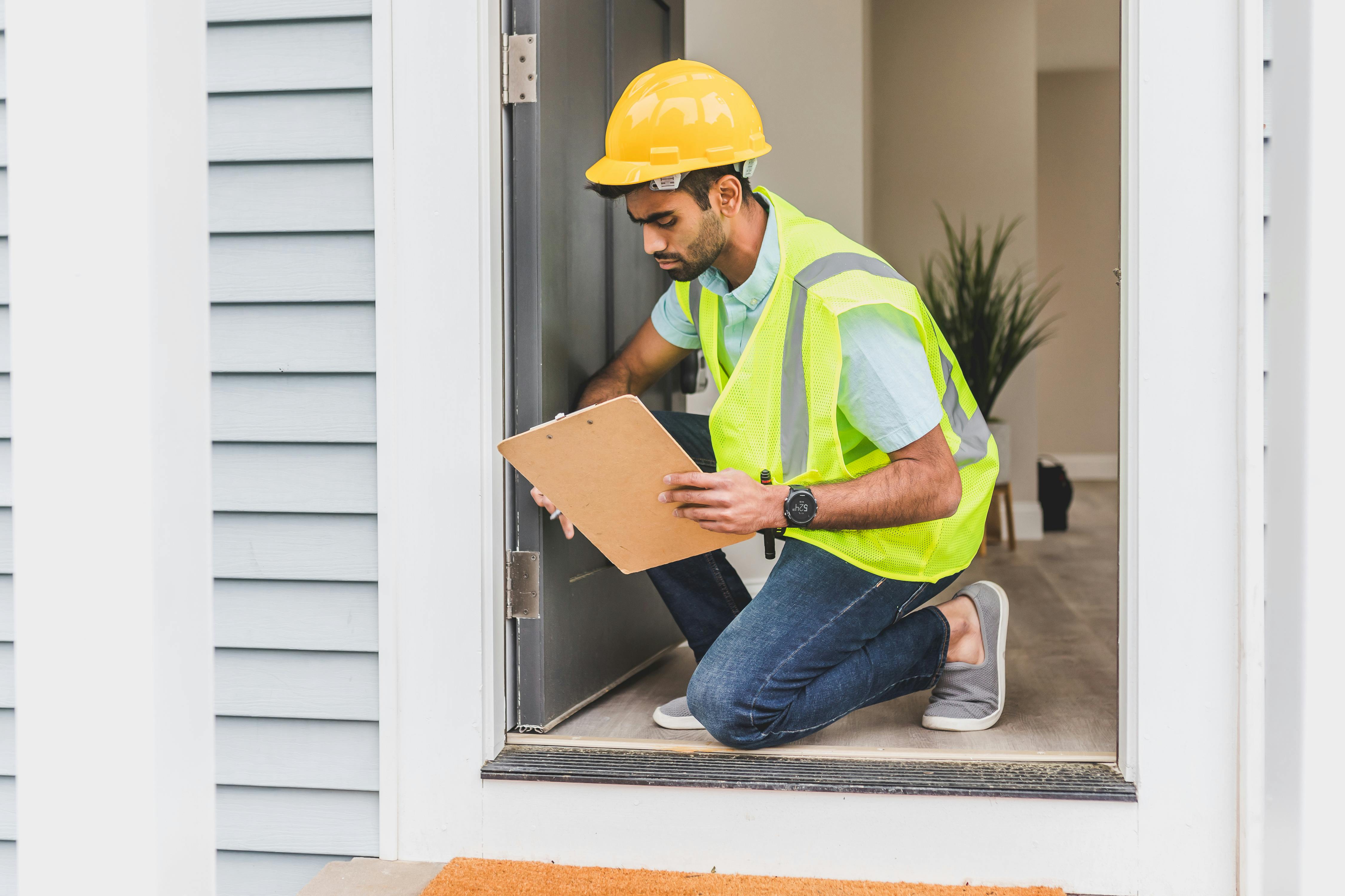 someone in hard hat and neon vest holding a clipboard as they lean down to inspect an open doorway